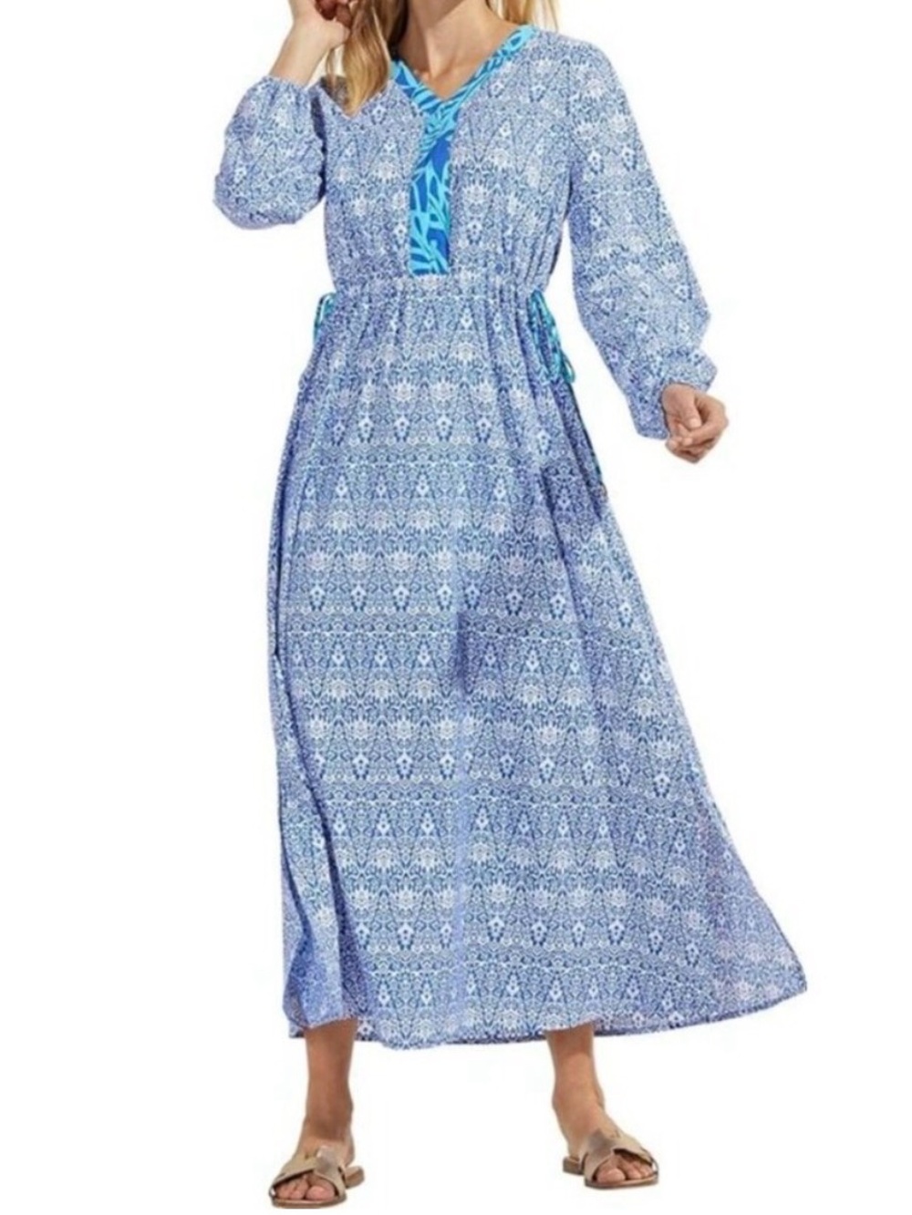 Coolibar Sun Protective Maxi Dress Blue Medallion Paisley Boho Resortwear M